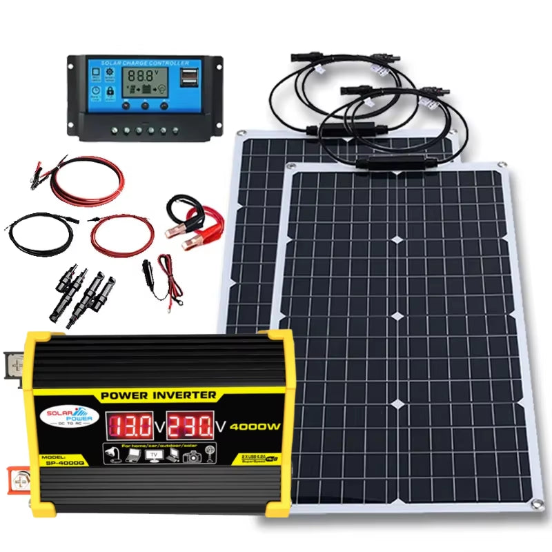 4000W Solar Panel with Power Inverter 12V-110V/220V Solar Panel Inverter Kit Home and Outdoor Camping Solar System