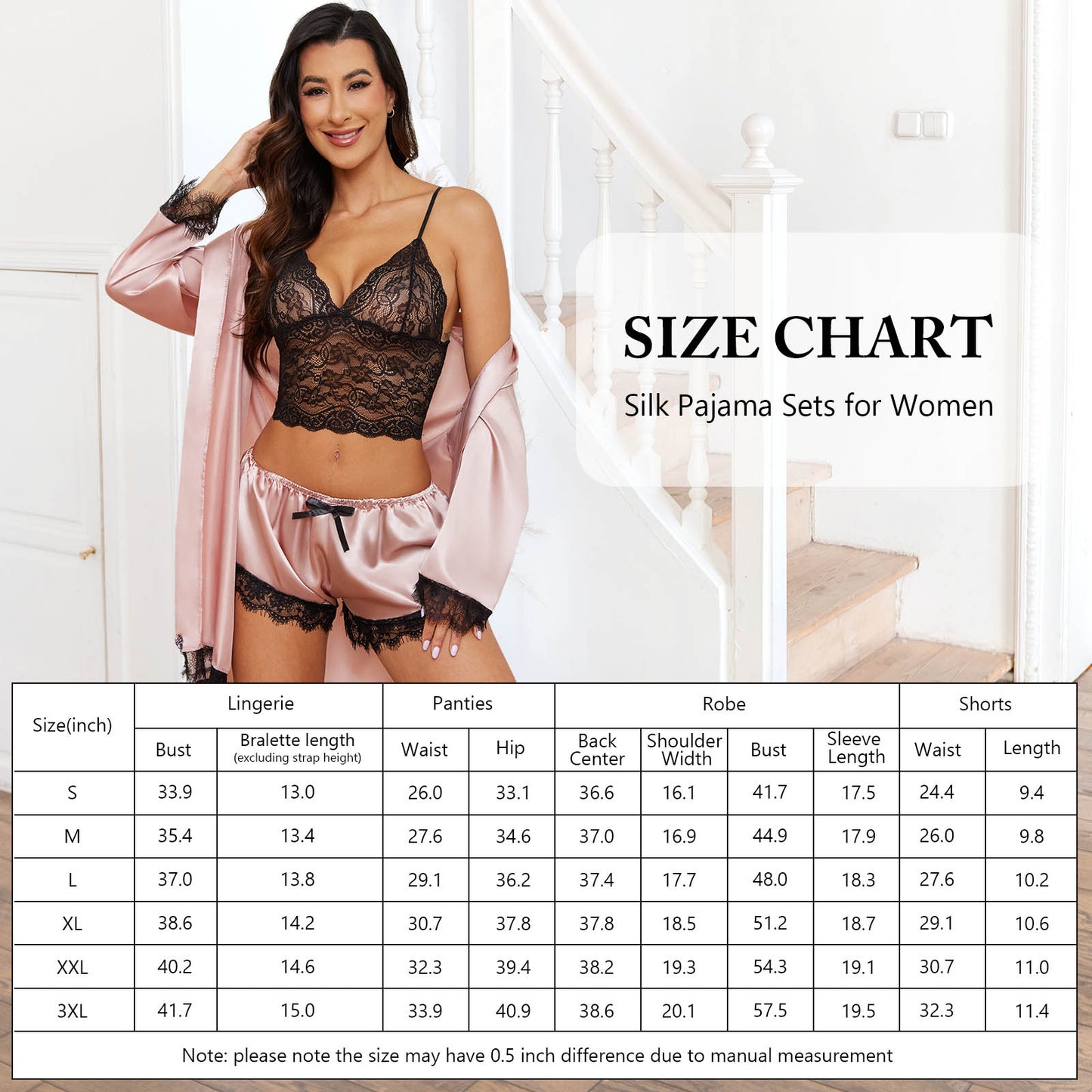 Sexy Lingerie, Silk Satin Pajamas for Women, Womens Summer Pajamas Pjs Sets of 4 Pcs with Floral Lace Top Shorts and Robe, Gift for Women, Black, M