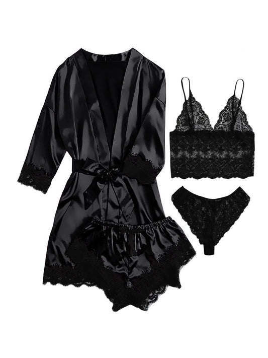 Sexy Lingerie,  Silk Satin Pajamas for Women, Womens Summer Pajamas Pjs Sets of 4 Pcs with Floral Lace Top Shorts and Robe, Gift for Women, Black, M