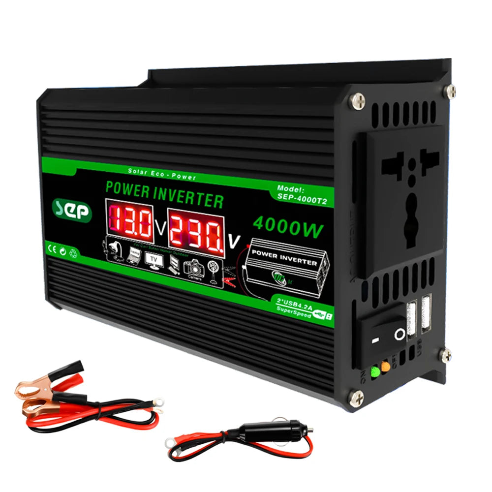 4000W Dual Digital LCD Display Solar Inverters DC 12V to AC 110V 220V Portable Power Bank Car Converter for Camping RV