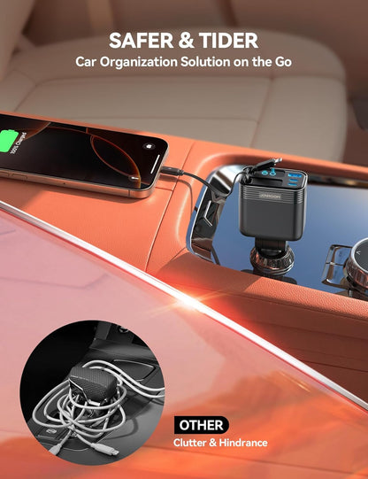 Retractable 5 Port 66W USB C Car Charger - Fast Charging for Iphone 16/15/14 Pro Max, Samsung S24