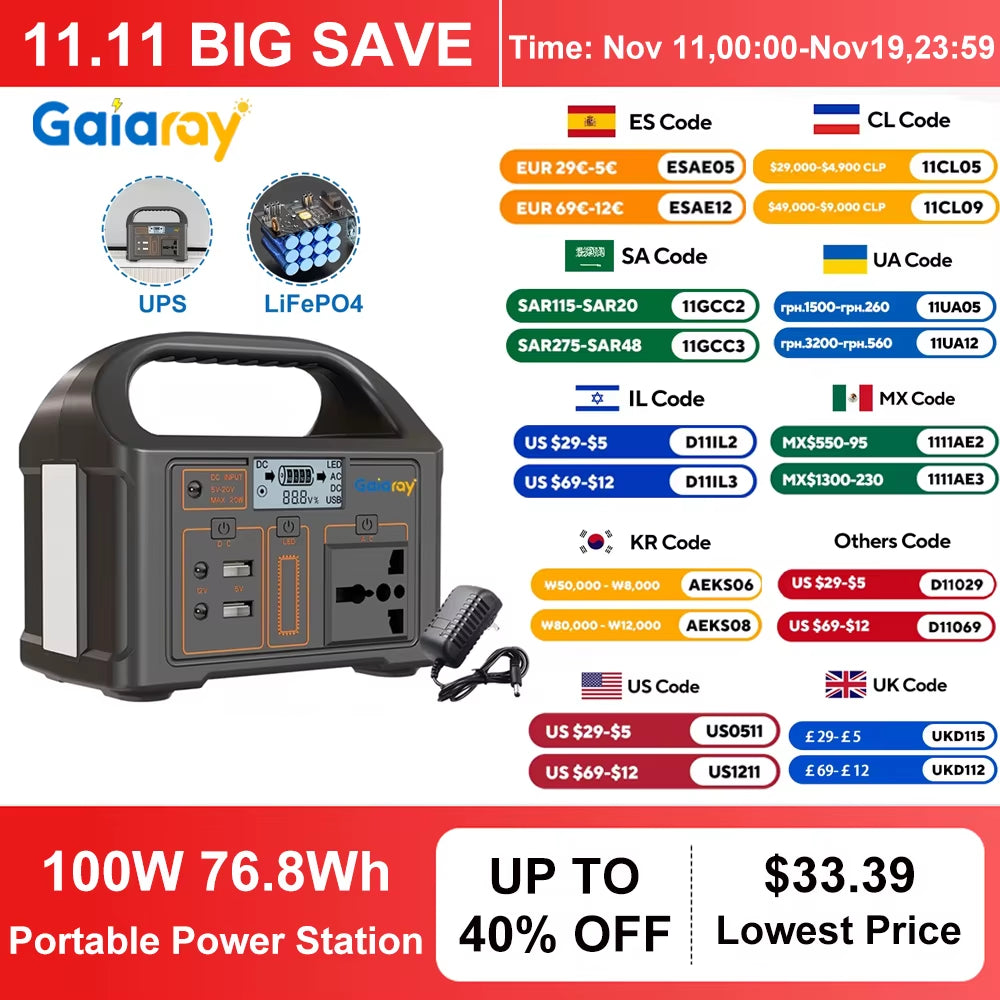 100W 24000Mah Portable Power Station 220V/110V Power Bank 76.8Wh Solar Power Generator Lifepo4 Outdoor Energy for Camping Travel