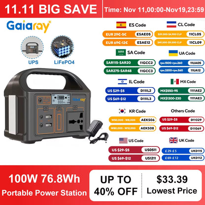 100W 24000Mah Portable Power Station 220V/110V Power Bank 76.8Wh Solar Power Generator Lifepo4 Outdoor Energy for Camping Travel