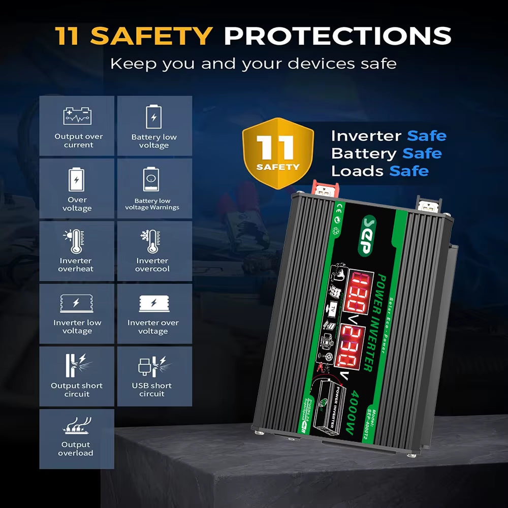 4000W Dual Digital LCD Display Solar Inverters DC 12V to AC 110V 220V Portable Power Bank Car Converter for Camping RV