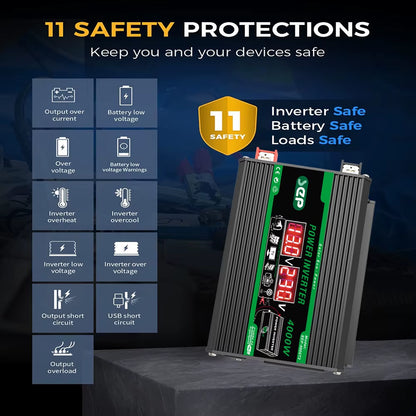 4000W Dual Digital LCD Display Solar Inverters DC 12V to AC 110V 220V Portable Power Bank Car Converter for Camping RV