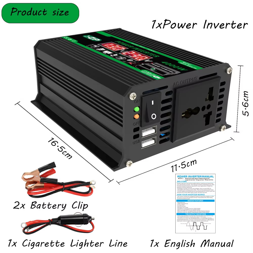 4000W Dual Digital LCD Display Solar Inverters DC 12V to AC 110V 220V Portable Power Bank Car Converter for Camping RV