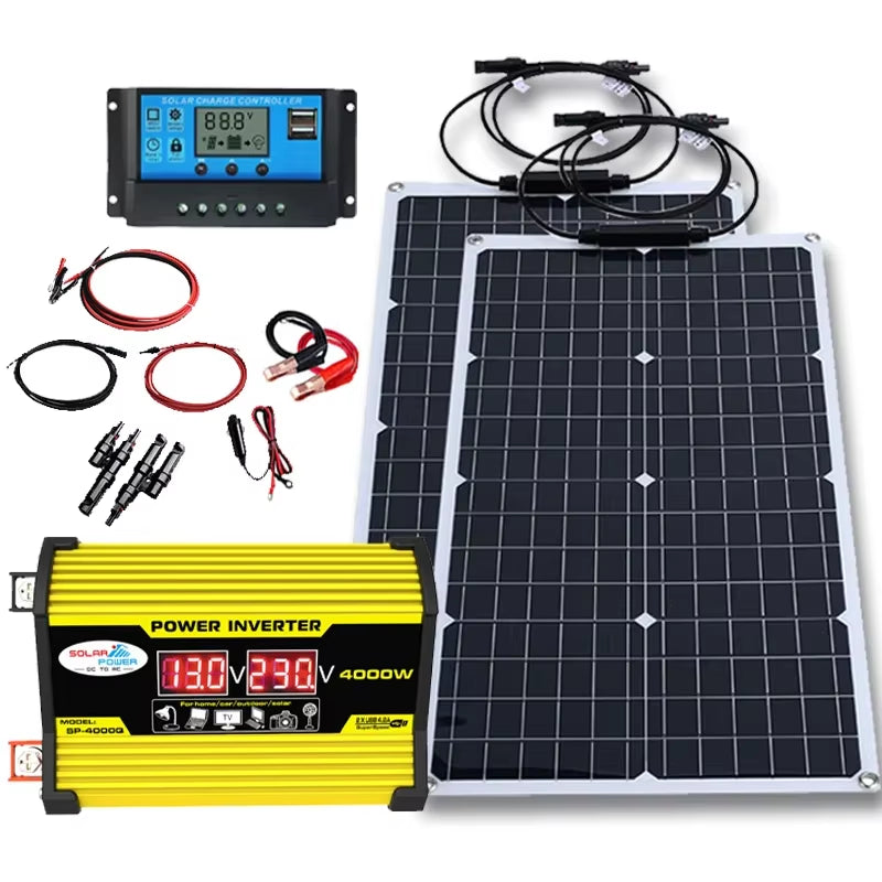 4000W Solar Panel with Power Inverter 12V-110V/220V Solar Panel Inverter Kit Home and Outdoor Camping Solar System