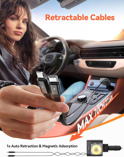 Retractable 5 Port 66W USB C Car Charger - Fast Charging for Iphone 16/15/14 Pro Max, Samsung S24