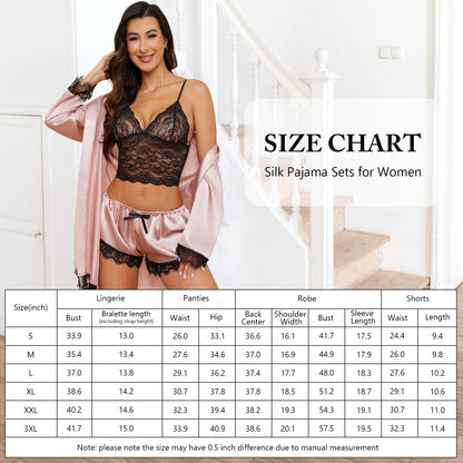 Sexy Lingerie,  Silk Satin Pajamas for Women, Womens Summer Pajamas Pjs Sets of 4 Pcs with Floral Lace Top Shorts and Robe, Gift for Women, Black, M