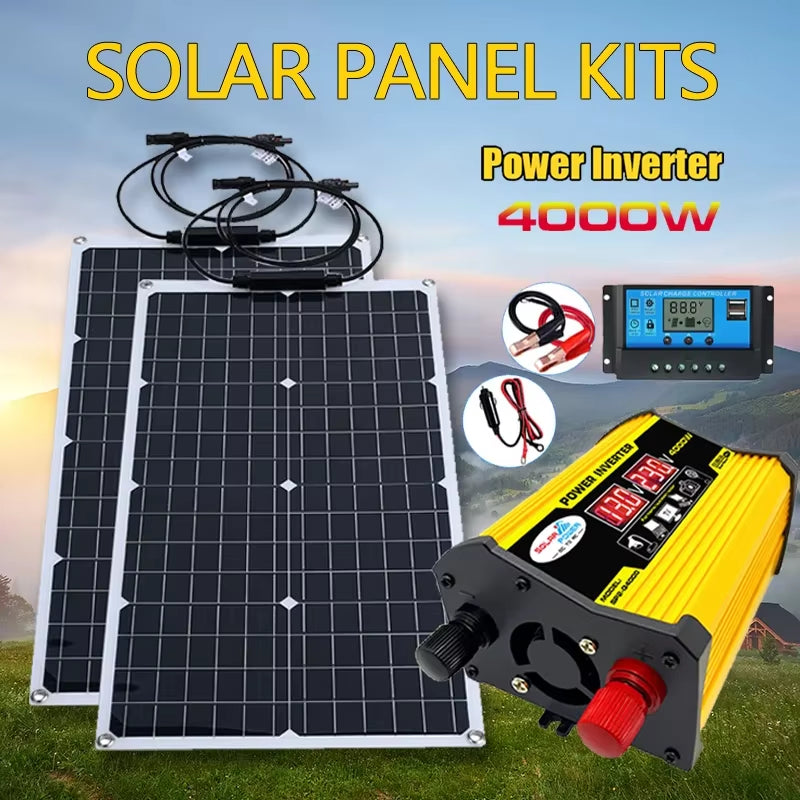 4000W Solar Panel with Power Inverter 12V-110V/220V Solar Panel Inverter Kit Home and Outdoor Camping Solar System