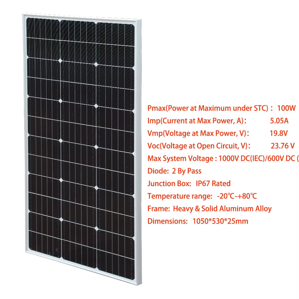 Rigid Glass Solar Panel Monocrystalline 10W 25W 50W 100W 200W Power Generation PV Panel Charge Paneles Solares