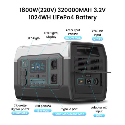 XP1000 Power Stations 1800W Lifepo4 Battery Camping Equipment UPS Function 1024Wh Estacion De Energiaa Portátil