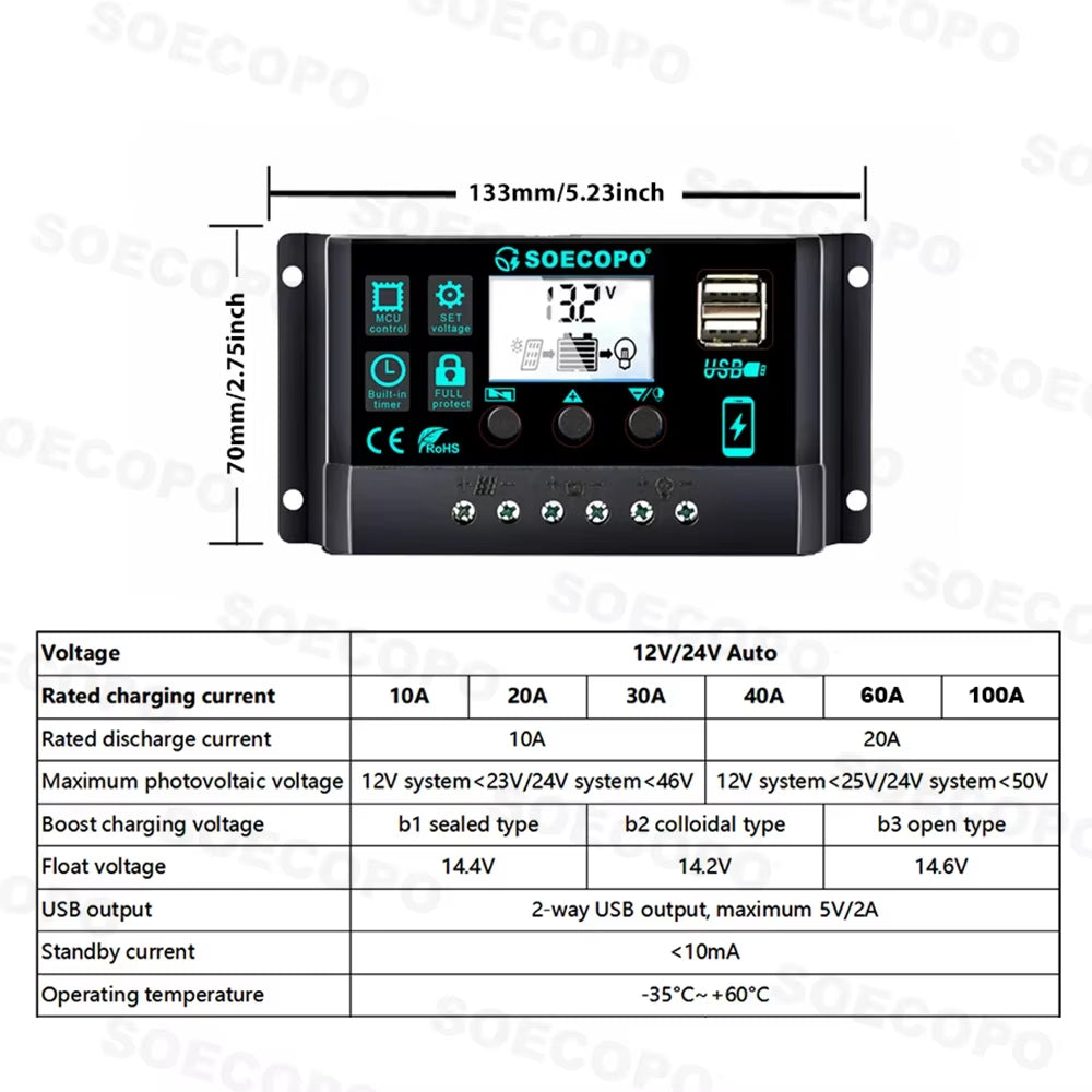 10000W Portable Home Full Solar Kit 2×600W Solar Panels Inverter (2 Sockets) 100A Controller – Camping Equipment, Car