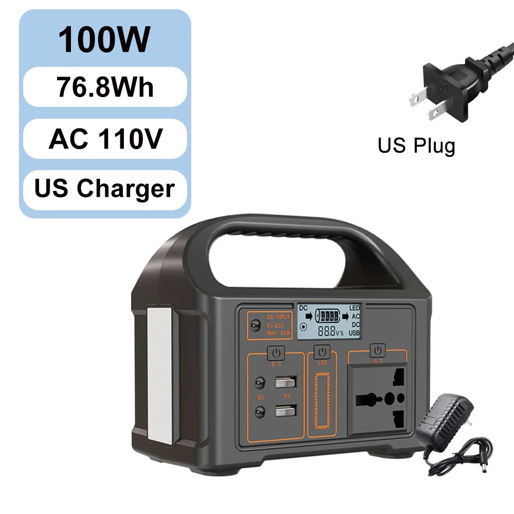 100W Portable Power Station 110V 220V Outdoor Solar Generator 76.8Wh Lifepo4 Battery Charging Station LED for Camping