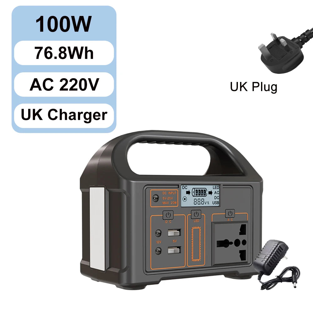 100W Portable Power Station 110V 220V Outdoor Solar Generator 76.8Wh Lifepo4 Battery Charging Station LED for Camping