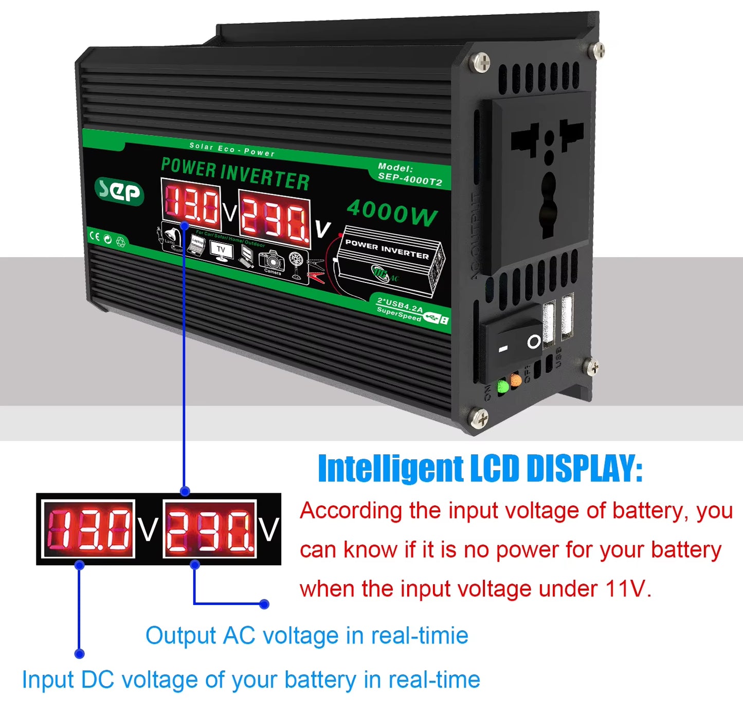 4000W Dual Digital LCD Display Solar Inverters DC 12V to AC 110V 220V Portable Power Bank Car Converter for Camping RV