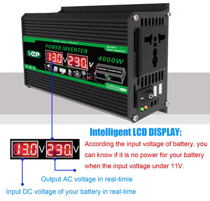 4000W Dual Digital LCD Display Solar Inverters DC 12V to AC 110V 220V Portable Power Bank Car Converter for Camping RV