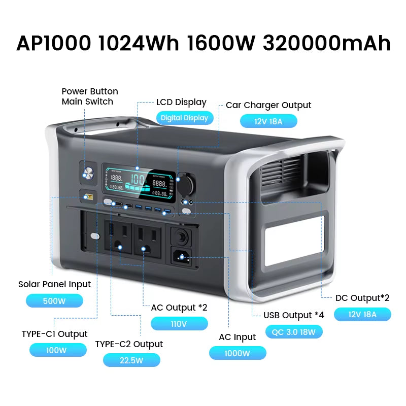 XP1000 Power Stations 1800W Lifepo4 Battery Camping Equipment UPS Function 1024Wh Estacion De Energiaa Portátil