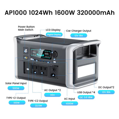 XP1000 Power Stations 1800W Lifepo4 Battery Camping Equipment UPS Function 1024Wh Estacion De Energiaa Portátil