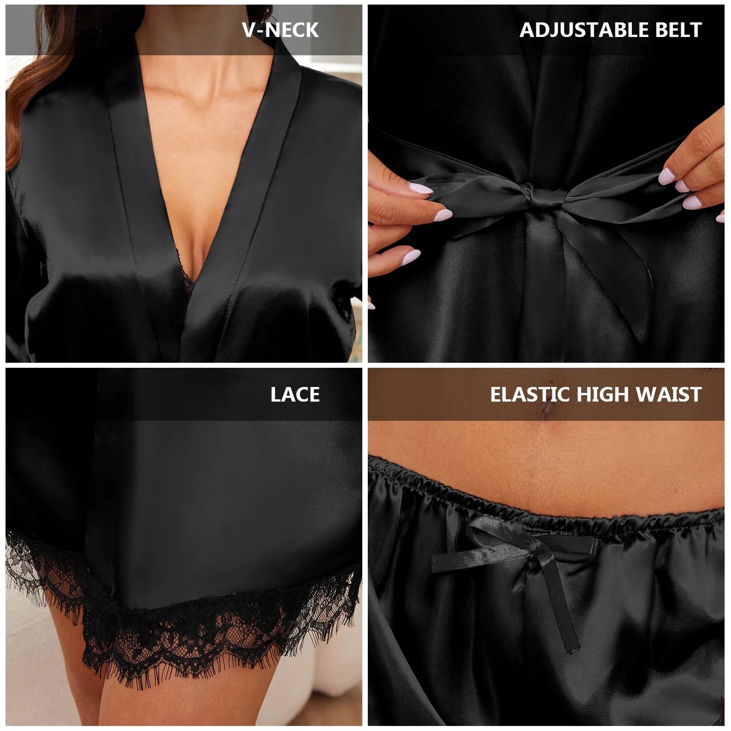 Sexy Lingerie,  Silk Satin Pajamas for Women, Womens Summer Pajamas Pjs Sets of 4 Pcs with Floral Lace Top Shorts and Robe, Gift for Women, Black, M