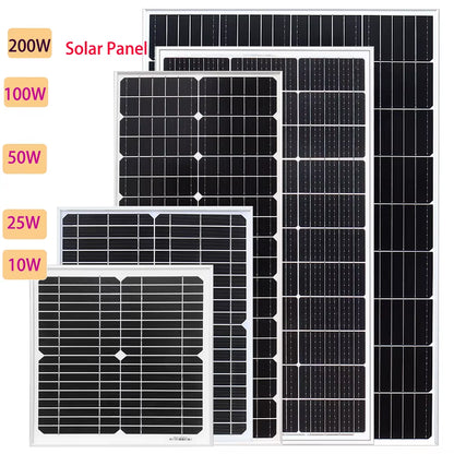 Rigid Glass Solar Panel Monocrystalline 10W 25W 50W 100W 200W Power Generation PV Panel Charge Paneles Solares